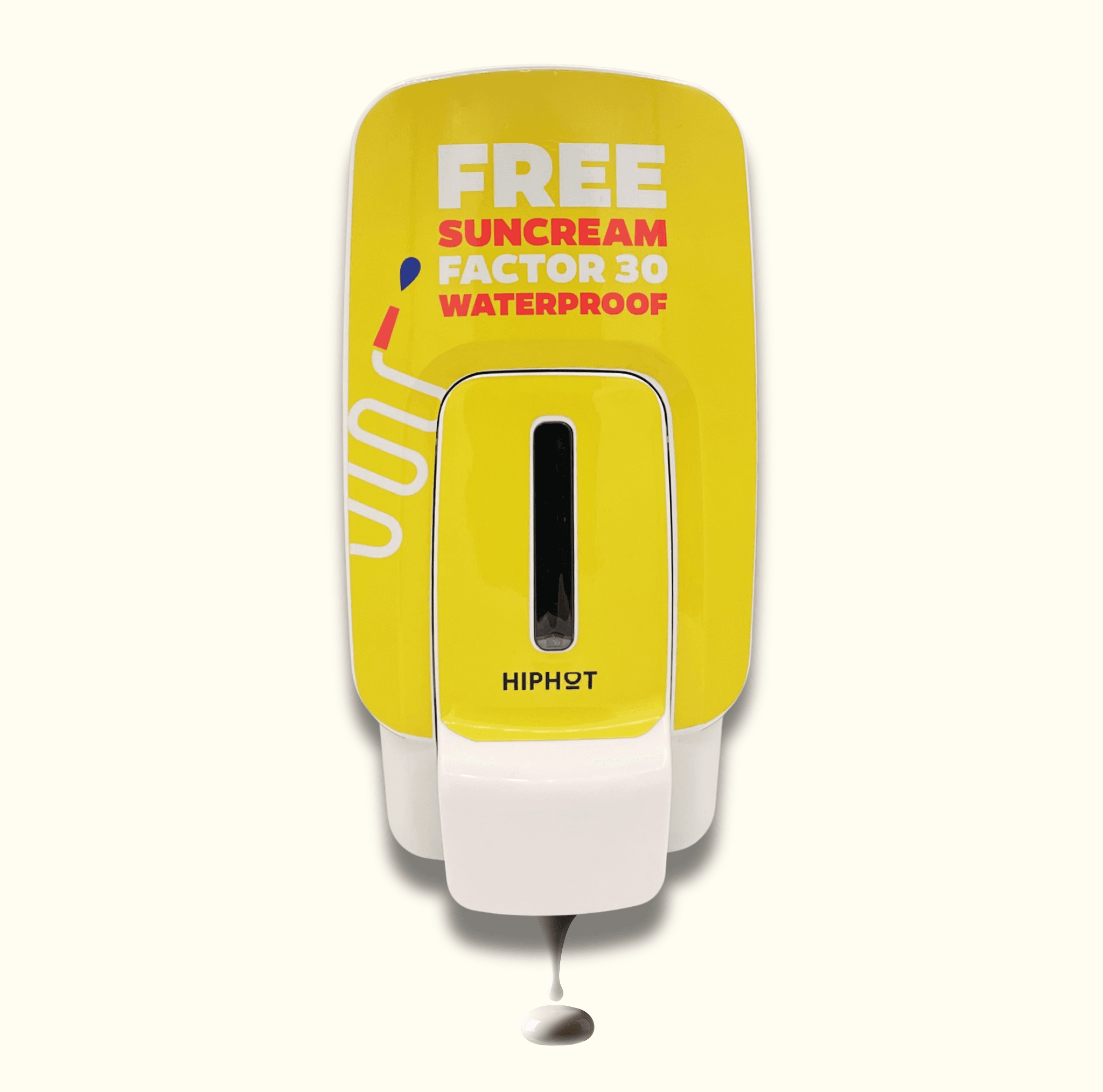 Zonnebrandcrème dispenser - Geel - Engelse tekst - Factor 30